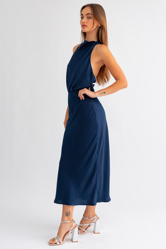 Navy Satin Open Back Midi Dress