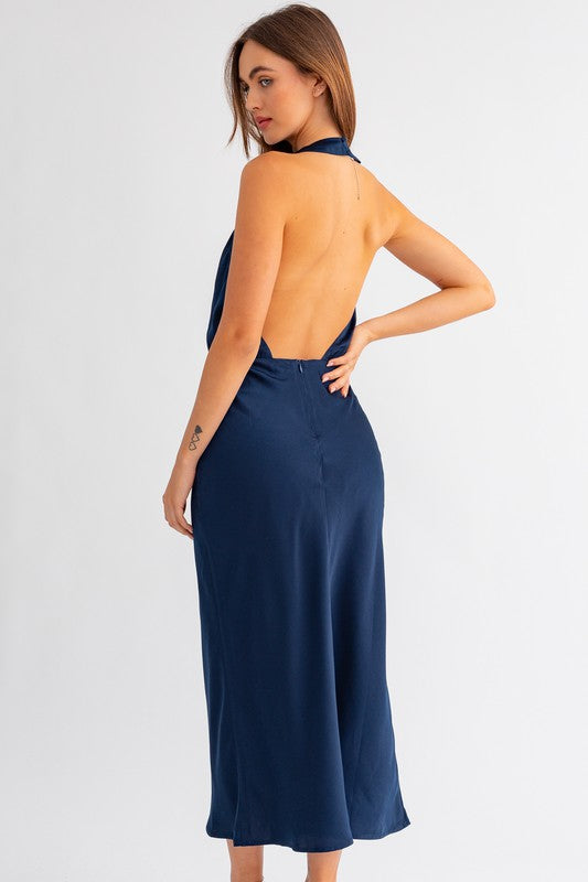 Navy Satin Open Back Midi Dress