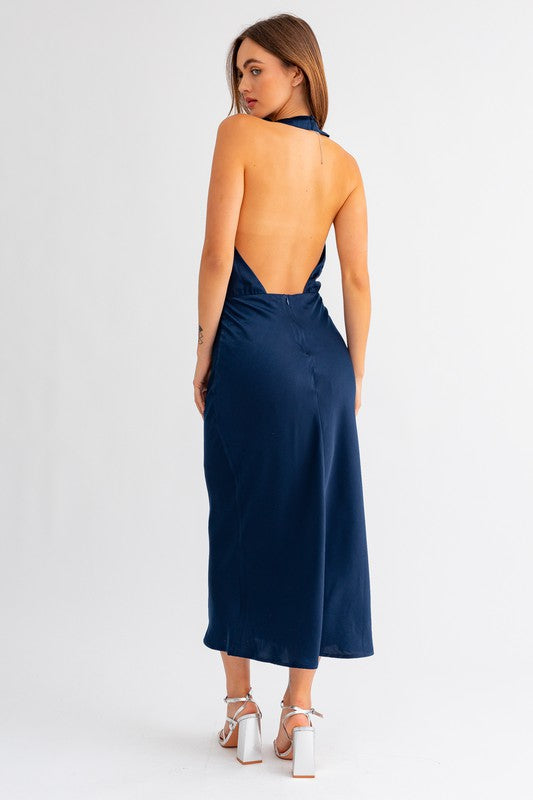 Navy Satin Open Back Midi Dress