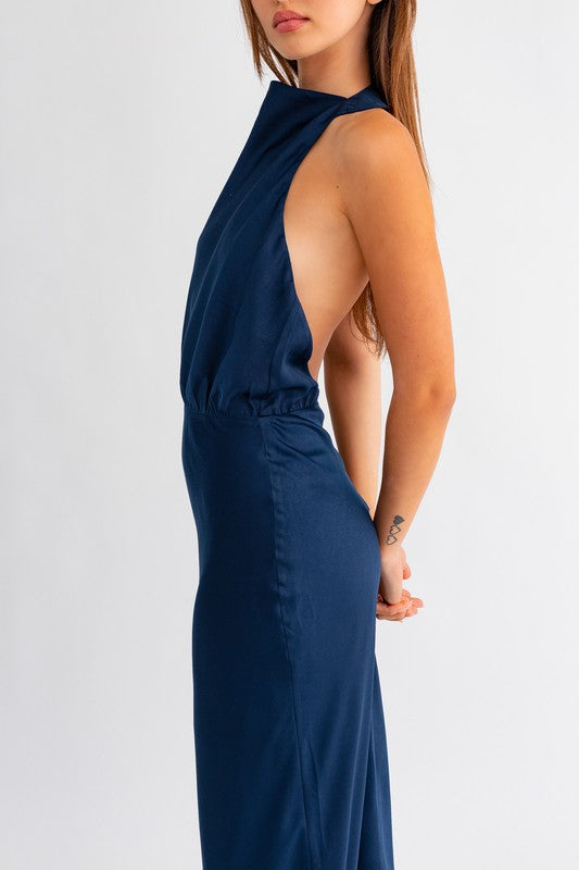 Navy Satin Open Back Midi Dress