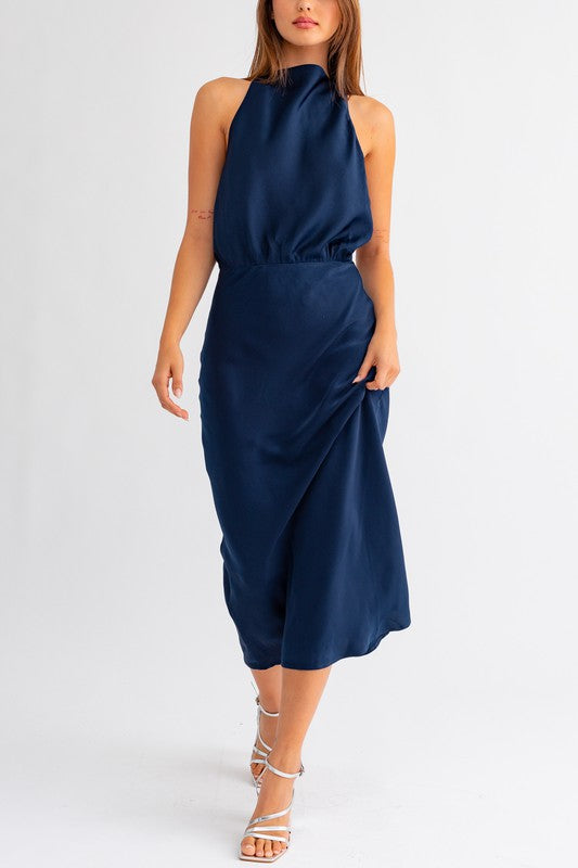 Navy Satin Open Back Midi Dress