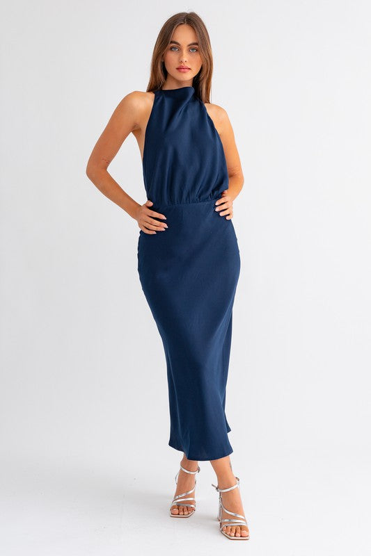 Navy Satin Open Back Midi Dress