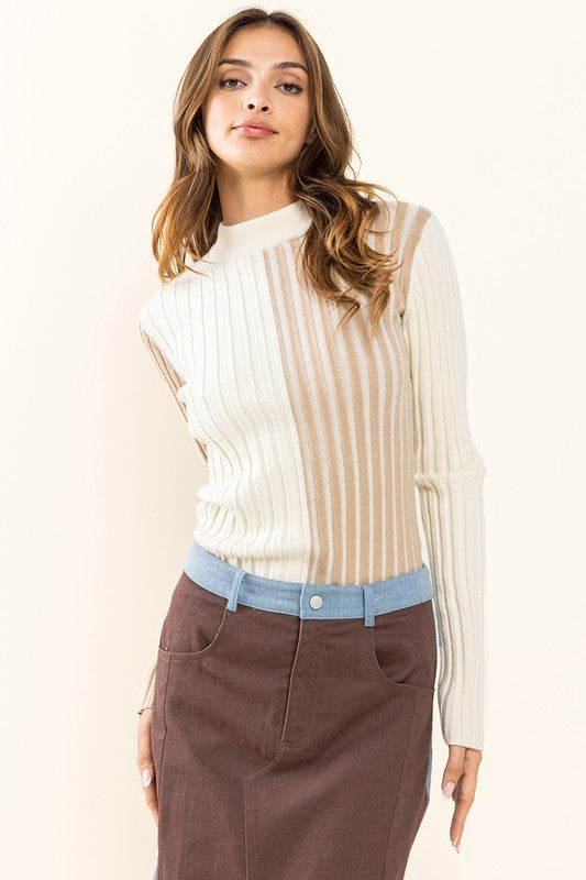 Two Tone Ribbed Sweater Top