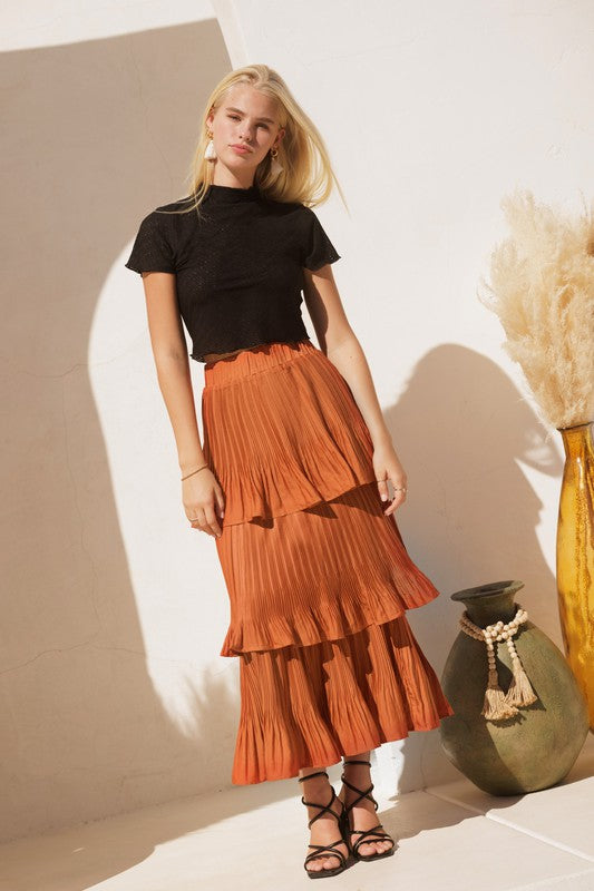 Terracotta Pleated Midi Skirt