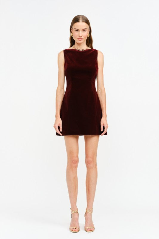 Burgundy Velvet Boatneck Mini Dress