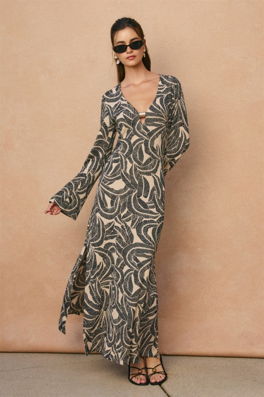 Saltwater Gold Trim Bell Sleeve Maxi Dress
