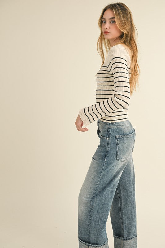 Kasey Cream/Black Ribbed LS Top