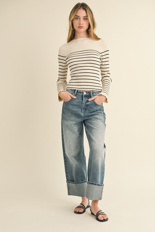 Kasey Cream/Black Ribbed LS Top