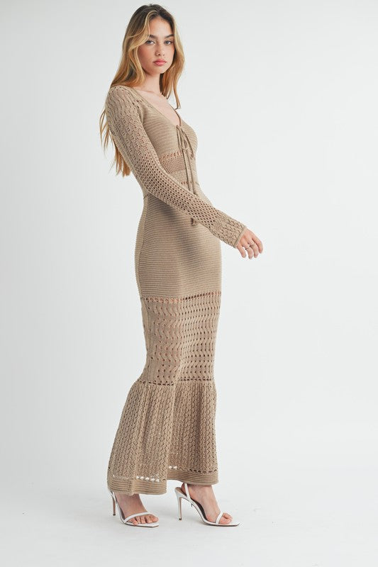 Mocha Crochet Bell Sleeve Maxi Dress