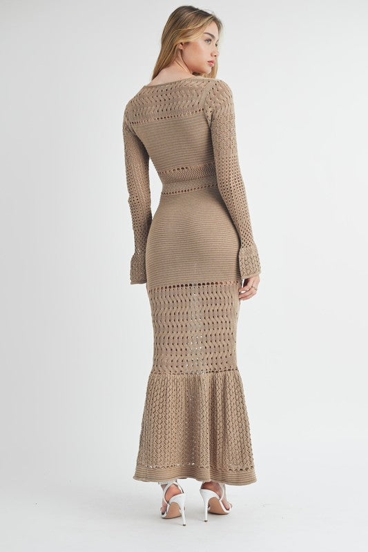 Mocha Crochet Bell Sleeve Maxi Dress