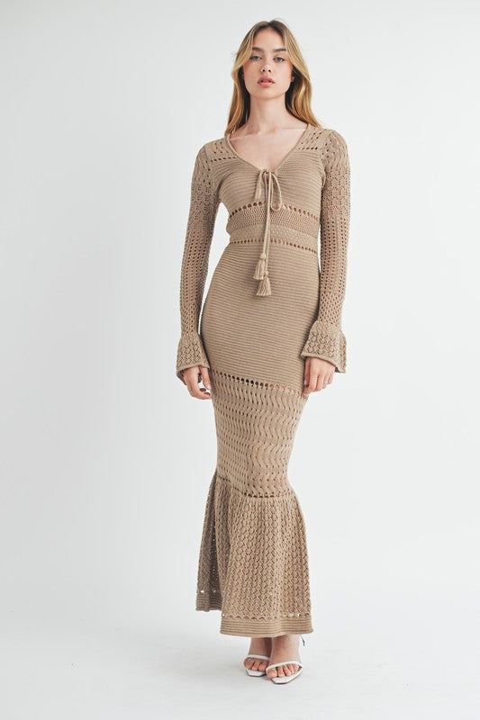 Mocha Crochet Bell Sleeve Maxi Dress
