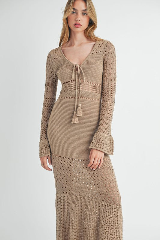 Mocha Crochet Bell Sleeve Maxi Dress