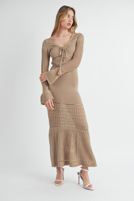 Mocha Crochet Bell Sleeve Maxi Dress