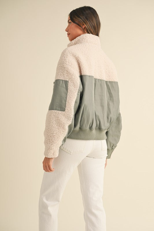Light Olive Shearling Contrast Bomber Jacket