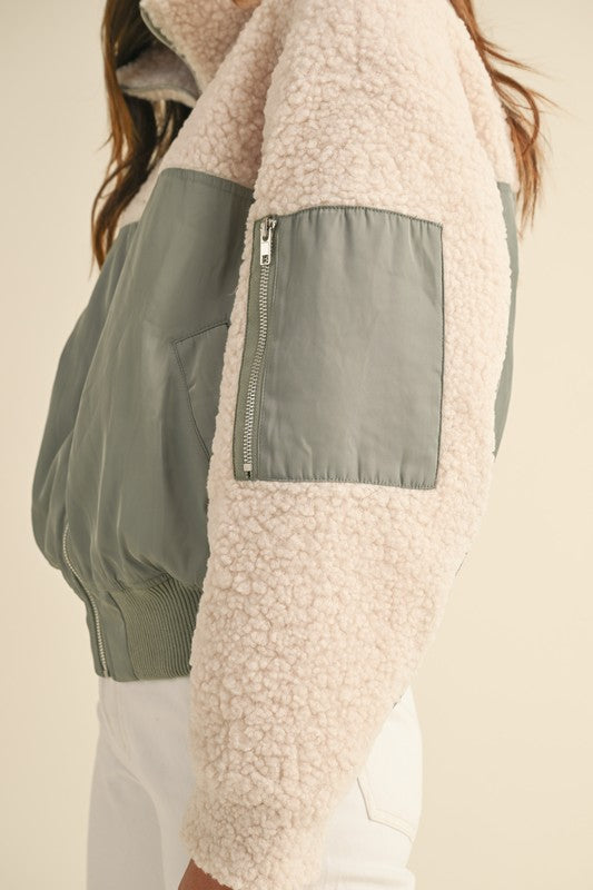 Light Olive Shearling Contrast Bomber Jacket