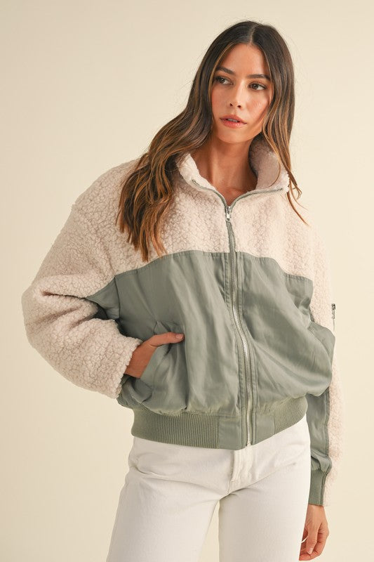 Light Olive Shearling Contrast Bomber Jacket