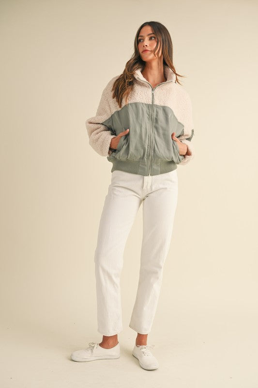 Light Olive Shearling Contrast Bomber Jacket
