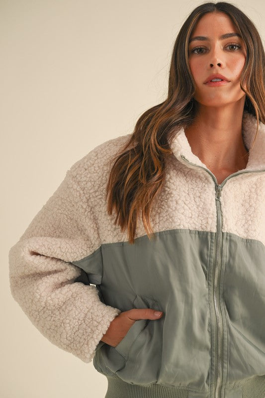 Light Olive Shearling Contrast Bomber Jacket