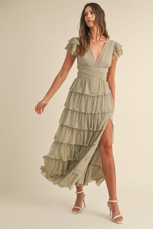 Champagne Metallic Tiered Midi Dress