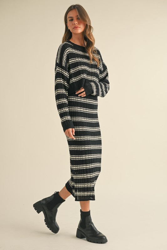 Black/White Striped Midi Skirt Set
