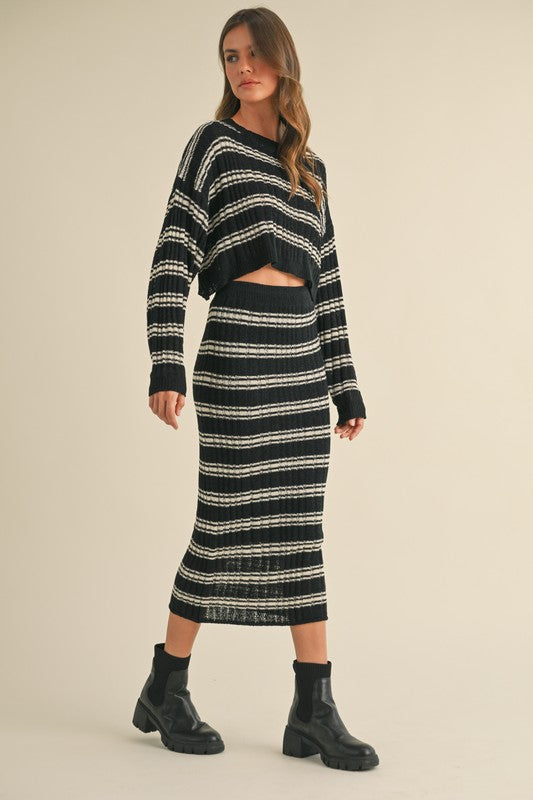 Black/White Striped Midi Skirt Set