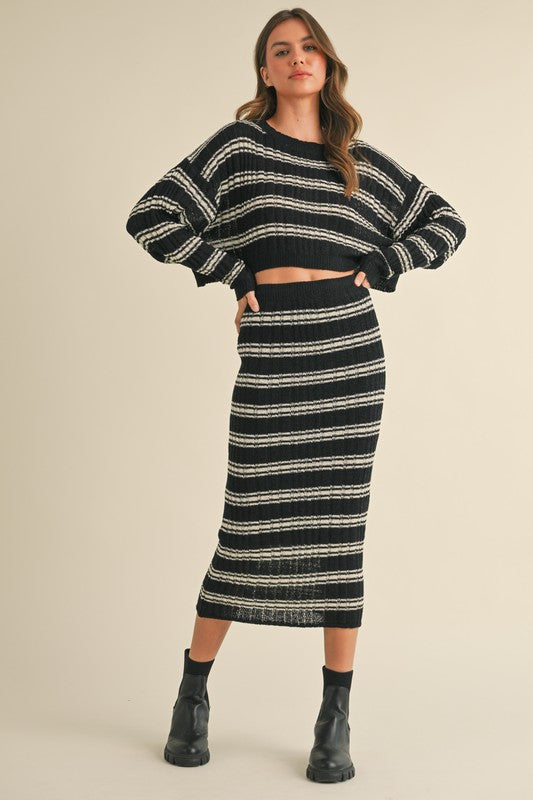 Black/White Striped Midi Skirt Set