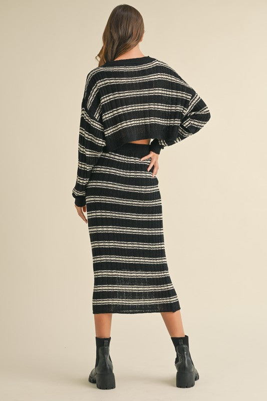 Black/White Striped Midi Skirt Set