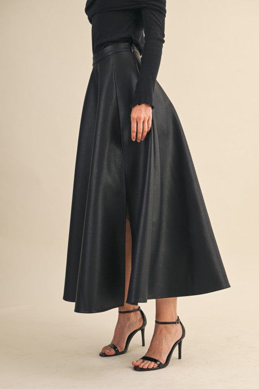 Black Leather Thigh Slit Midi Skirt