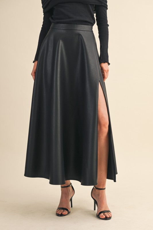 Black Leather Thigh Slit Midi Skirt