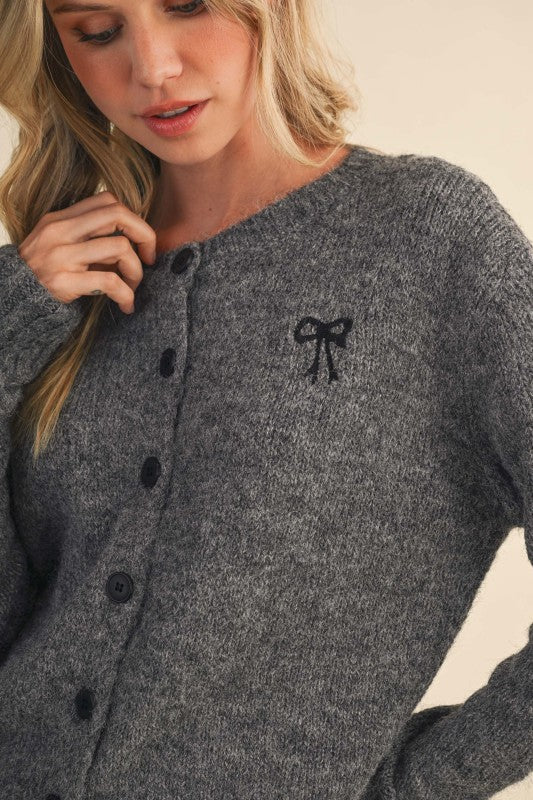 Charcoal Bow Button Mini Cardi