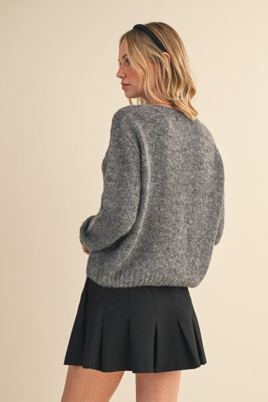Charcoal Bow Button Mini Cardi