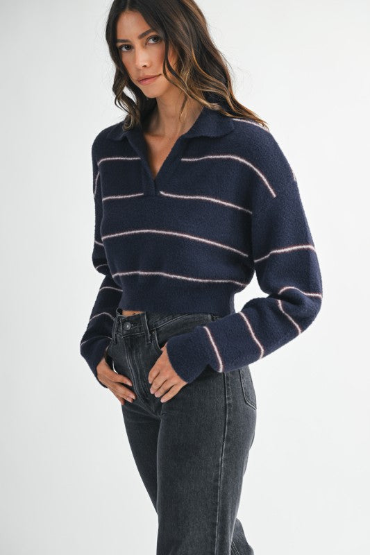 Navy Striped Fuzzy Sweater