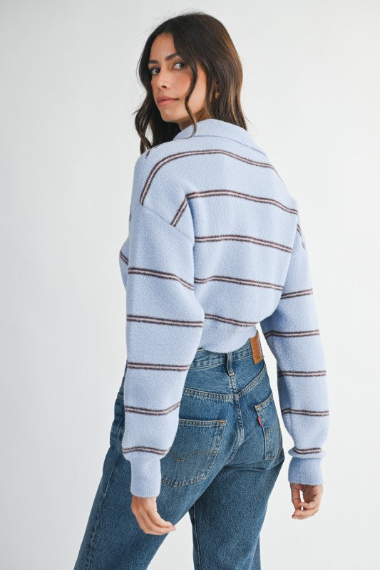 Light Blue Striped Fuzzy Sweater
