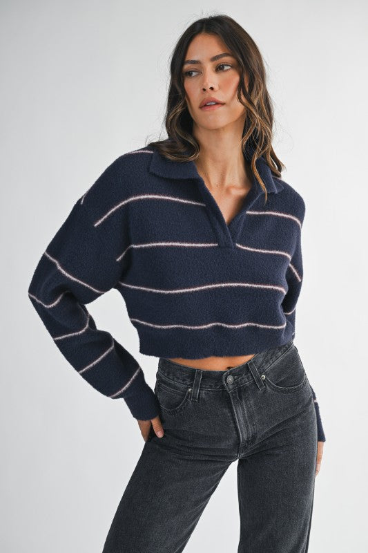 Navy Striped Fuzzy Sweater