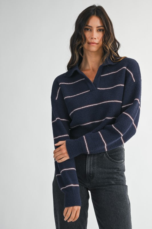 Navy Striped Fuzzy Sweater