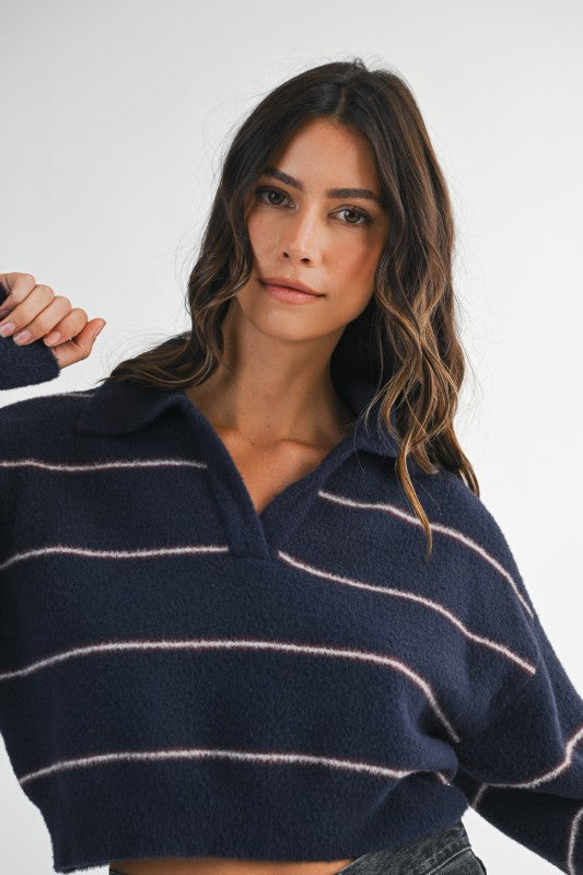 Navy Striped Fuzzy Sweater