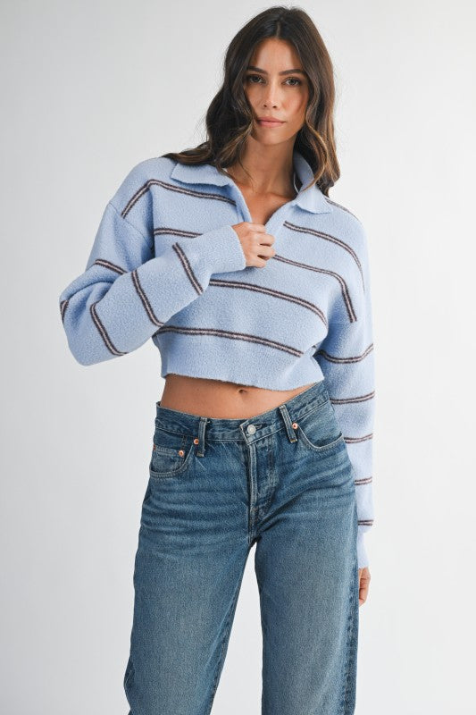 Light Blue Striped Fuzzy Sweater