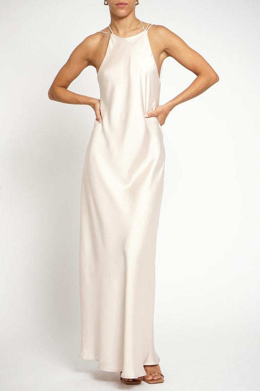 Champagne Satin High Neck Maxi