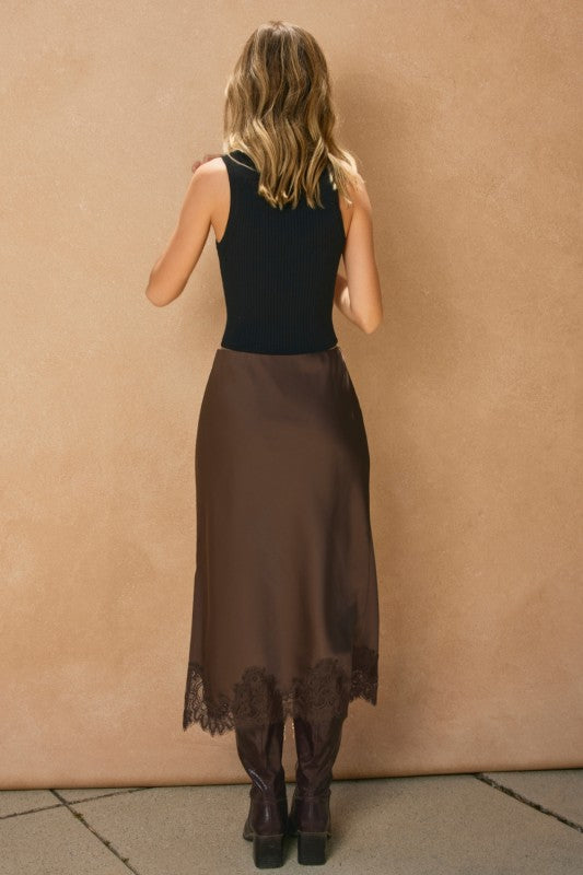 Chocolate Satin Midi Skirt