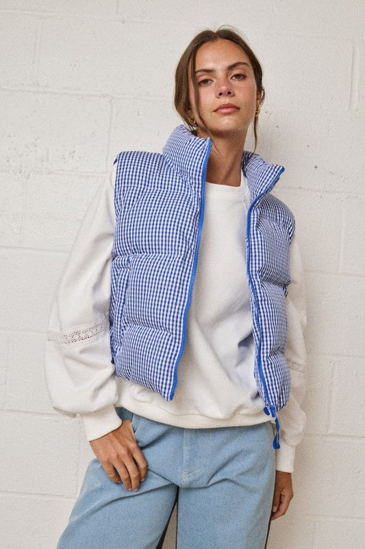 Navy Gingham Puffer Vest