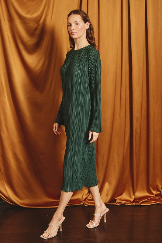 Deep Pine Plisse Midi Dress