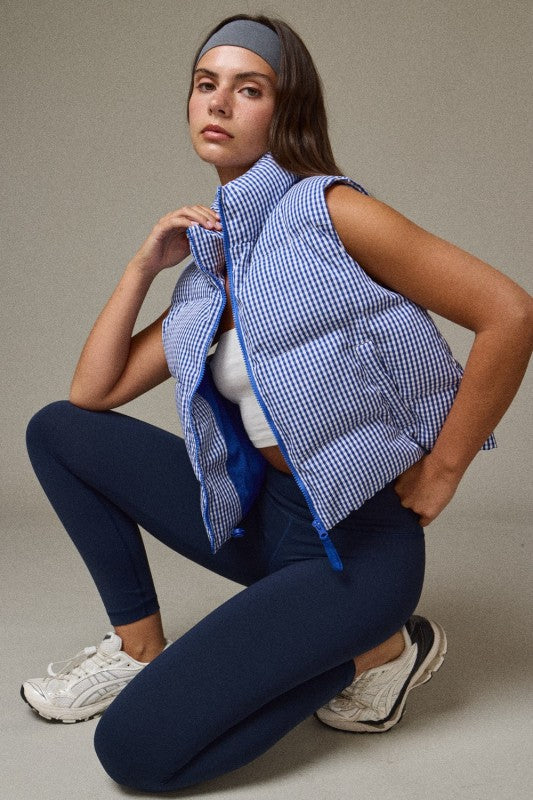 Navy Gingham Puffer Vest