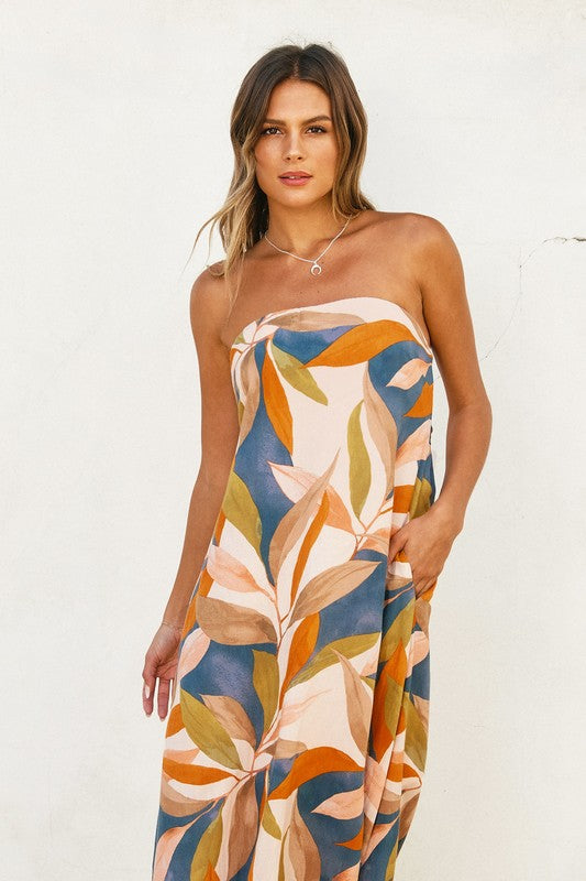 Persimmon Blue Tropical Tube Midi Dress