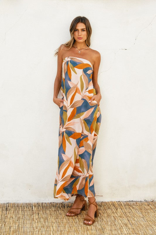 Persimmon Blue Tropical Tube Midi Dress