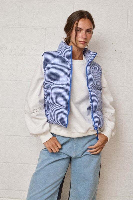 Navy Gingham Puffer Vest