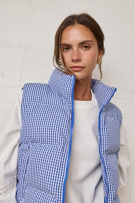 Navy Gingham Puffer Vest
